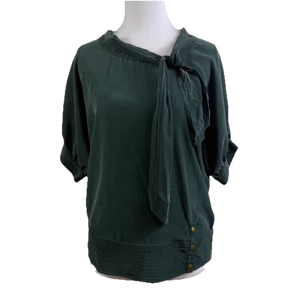 Mike & Chris 100% Silk Blouse XS Dark Green Side Tie Neck Short Sleeved Snap Hem